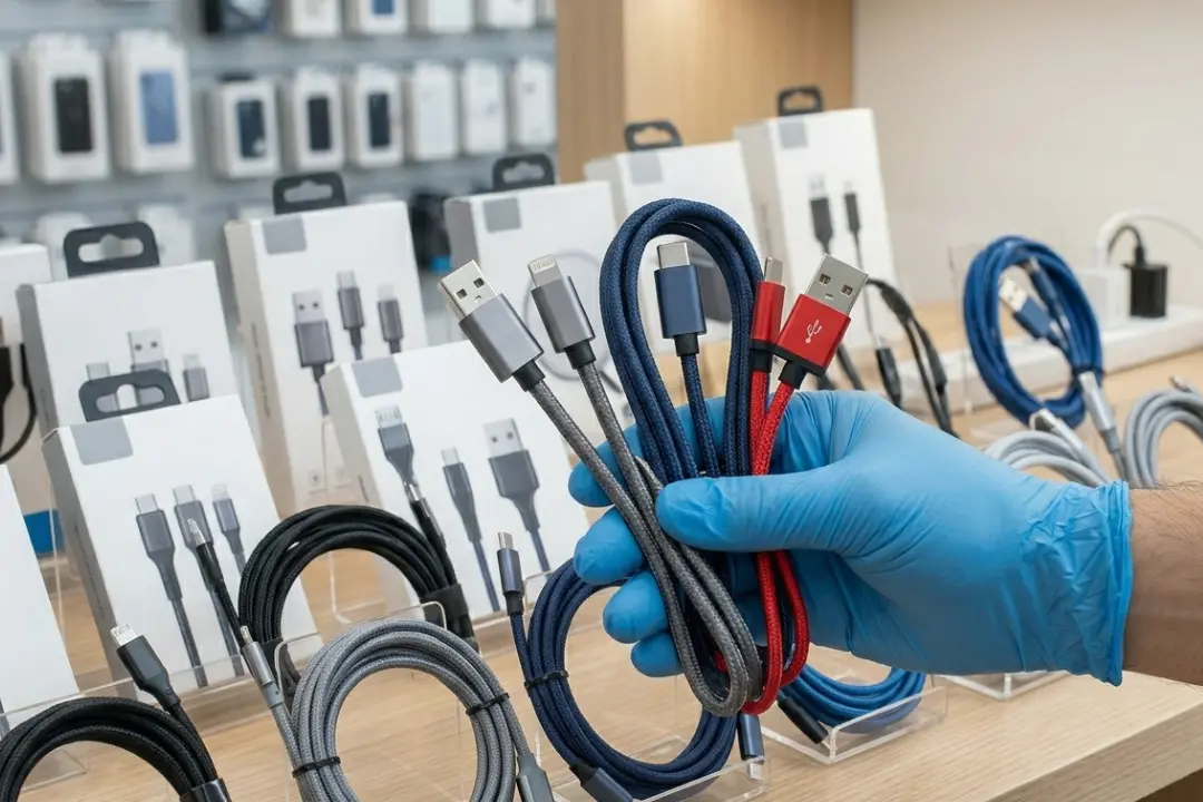 Mão segurando feixe de cabos de carregamento trançados