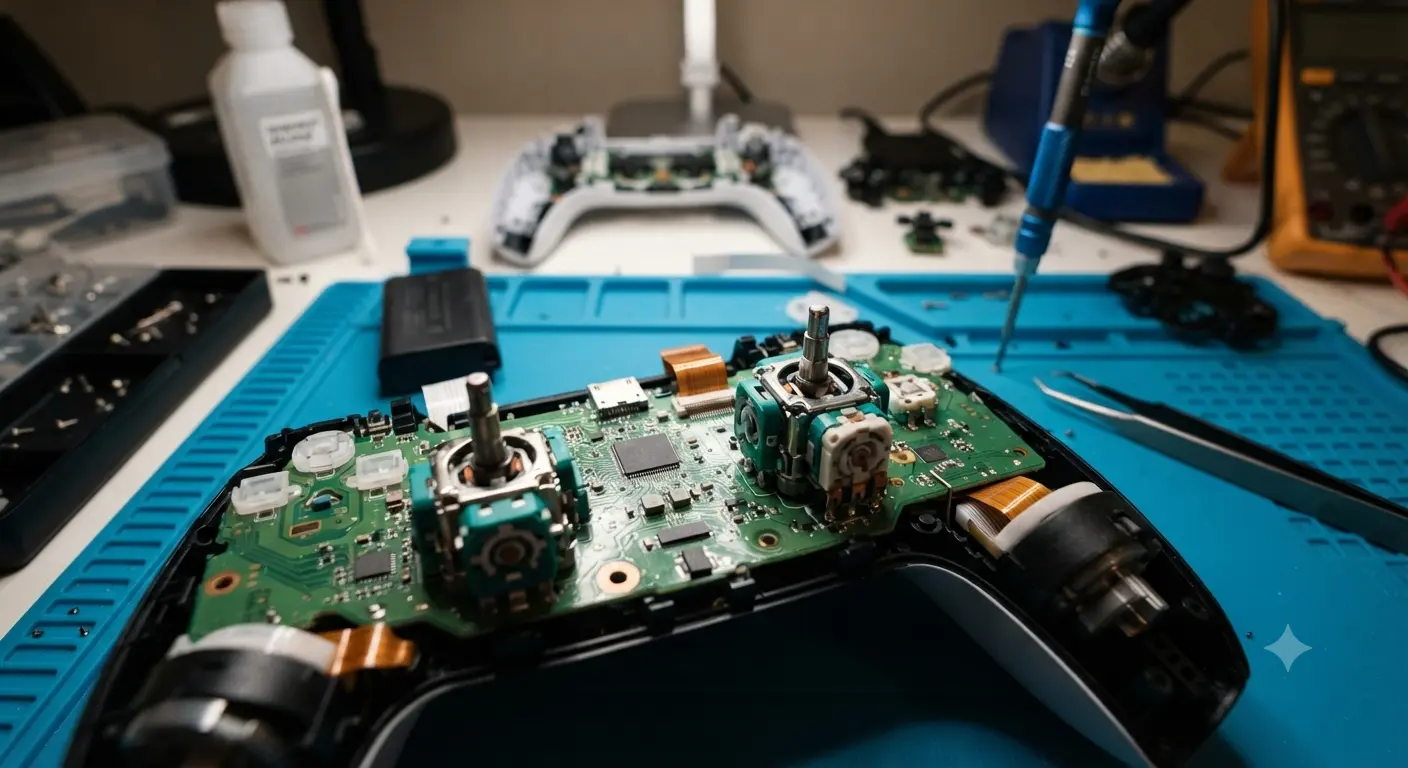 Foto realista de um controle de videogame aberto na bancada mostrando os analógicos mecânicos