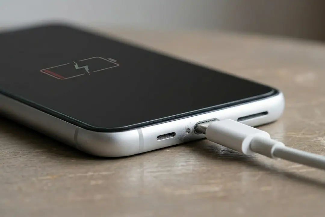 Close-up de um smartphone com ícone de bateria carregando com cabo USB-C