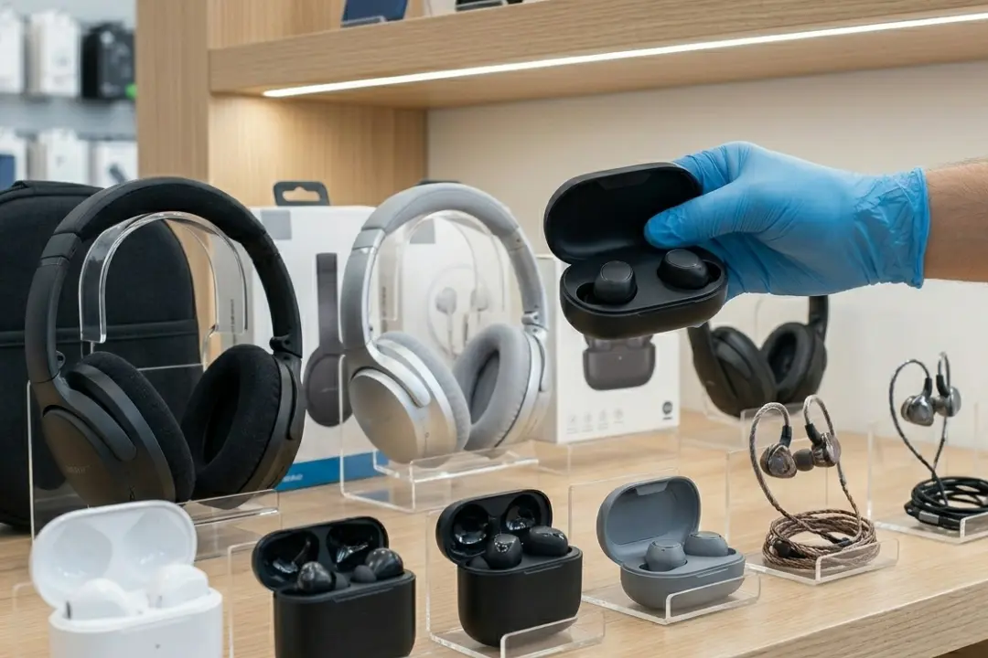 Mão segurando estojo com fones sem fio na loja