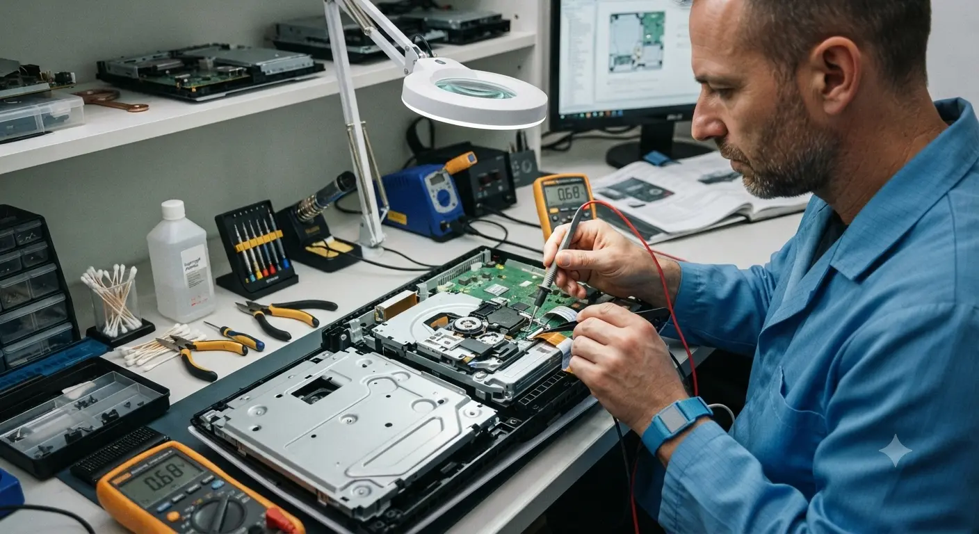 Técnico realizando testes em um leitor óptico de um videogame parcialmente montado