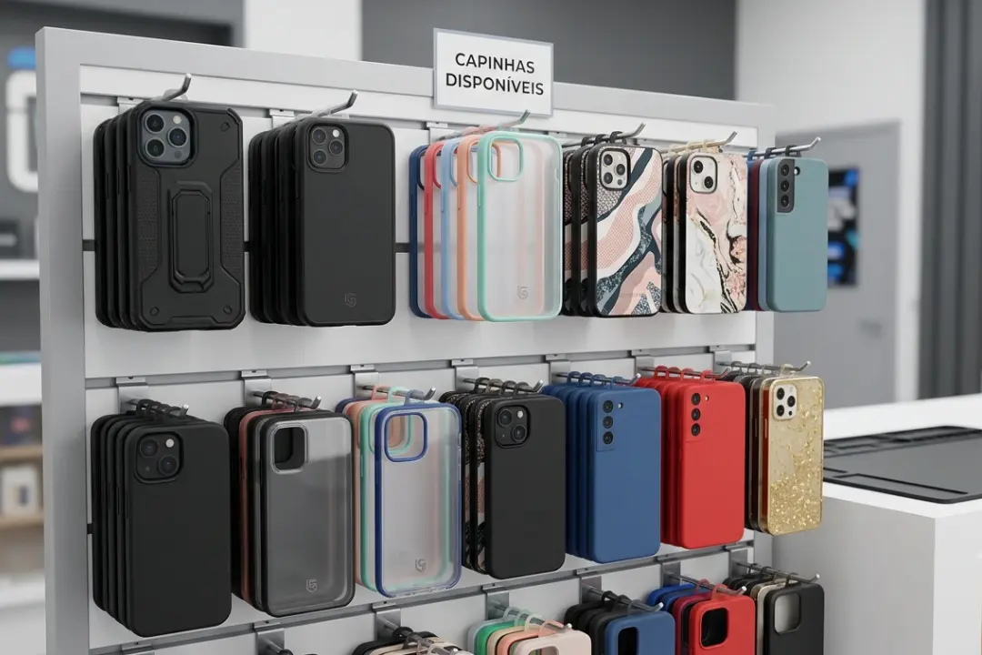 Prateleiras repletas de capinhas protetoras para celular