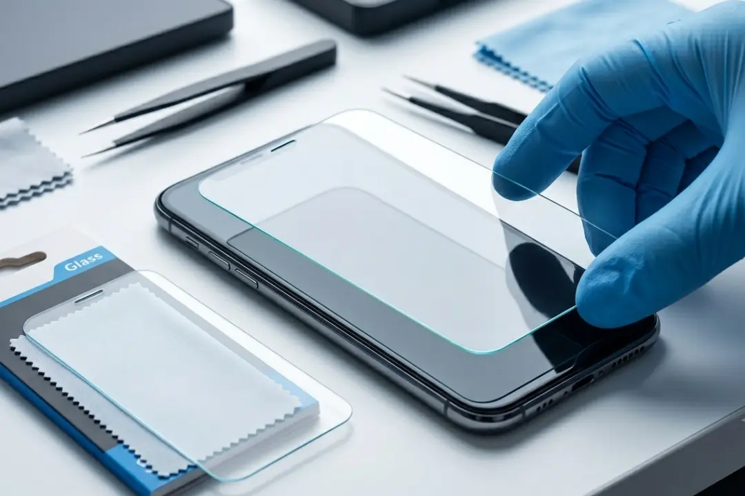 Mão aplicando película de proteção de tela transparente
